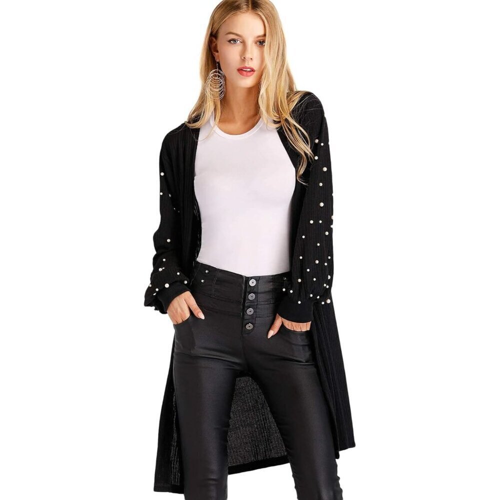 Women's Pearl Beaded Lantern Sleeve Cardigan Long Open Front Sweater